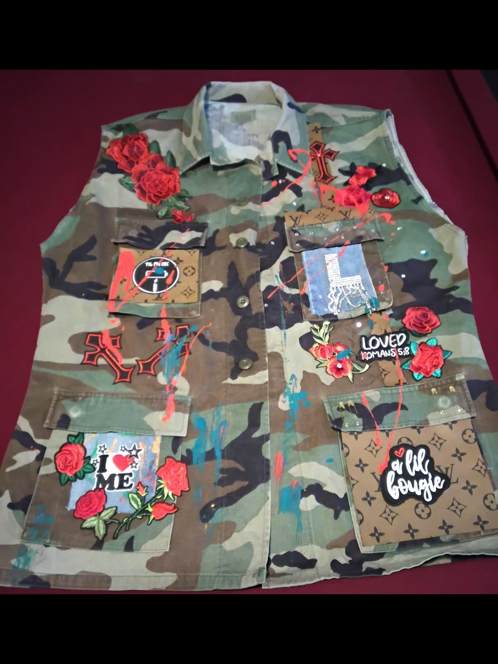 Handcrafted Embellished Camo Utility Vest with Red Rose Appliqués